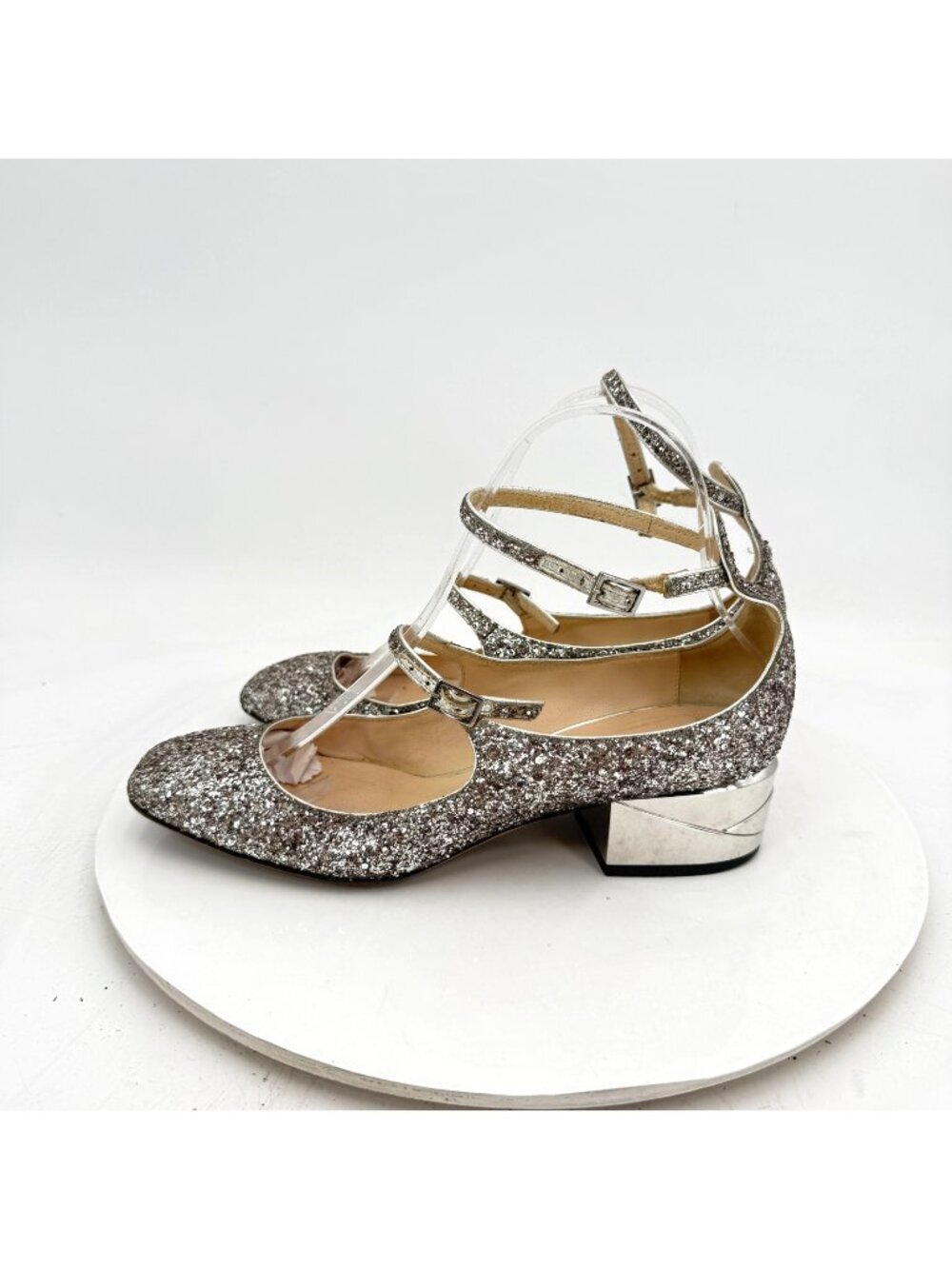 Silver Glitter Strappy Block Heel Mary Janes